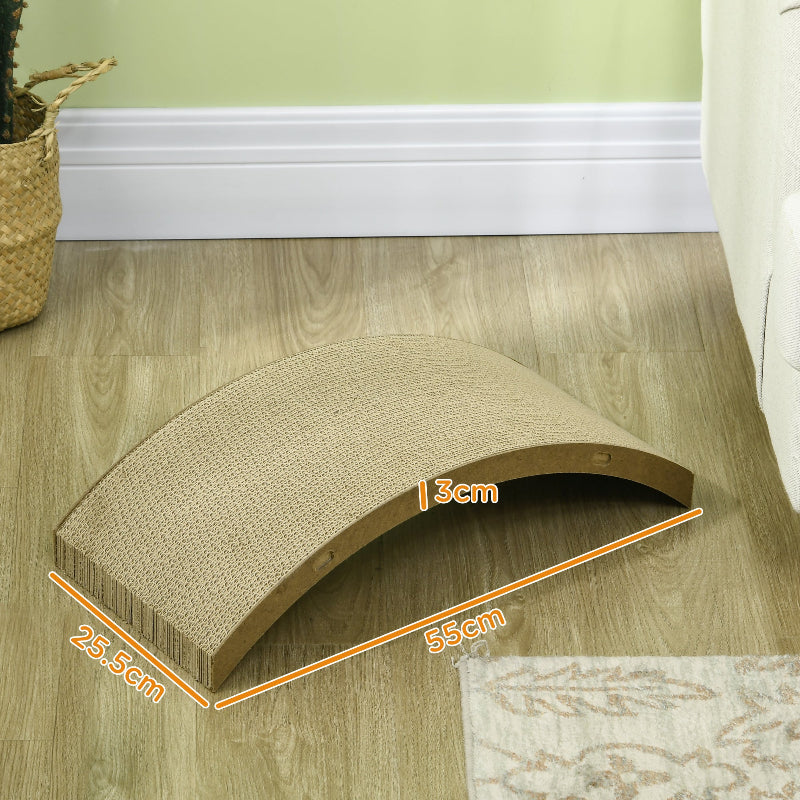 Cardboard cat tunnel on a wooden floor with measurements indicated