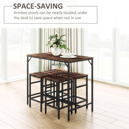HOMCOM 5-Piece Breakfast Bar Table and Stools Set, Kitchen Bar Table Set with High Table and 4 Stools, Space Saving Compact Dining Furniture for Small Spaces, Rustic Brown