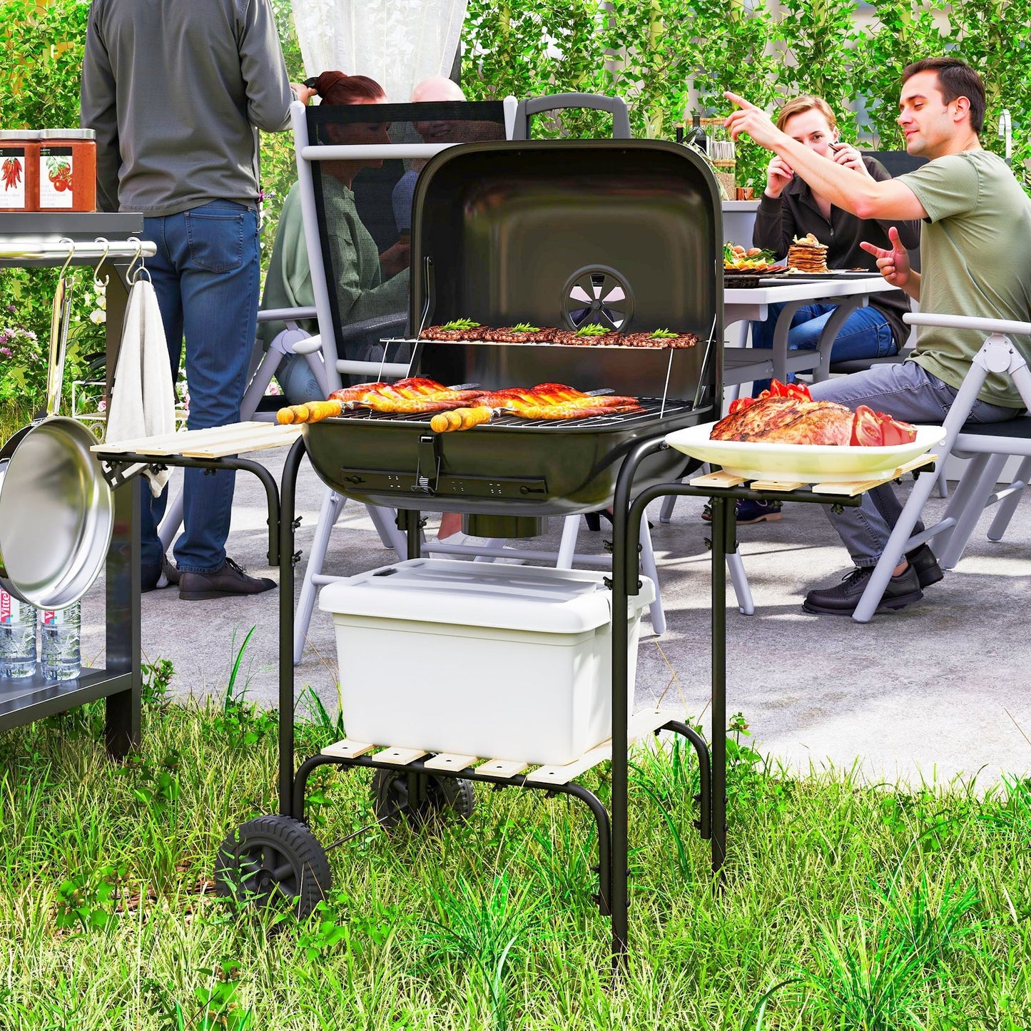 Outsunny Charcoal Barbecue Grill Portable BBQ Grill with 1840 cm√Ç¬≤ Cooking Area, 3 Shelves, Adjustable Vent, Lockable Lid, Wheels for Outdoor Cooking, Garden Party, Black