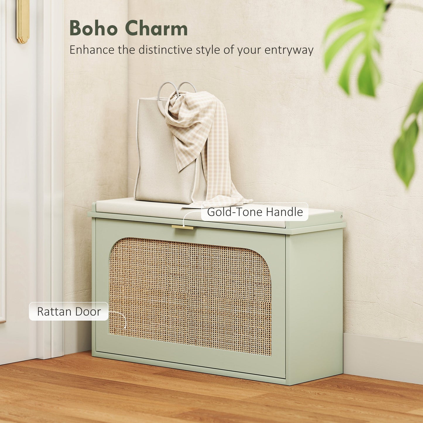 HOMCOM Boho Shoe Bench with Padded Seat and Flip-Drawer - Light Green