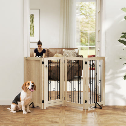 PawHut 4 Panel Freestanding Pet Gate, Indoor Dog Barrier with Lockable Door, Support Feet, 360Â° Flexible Hinges, Oak
