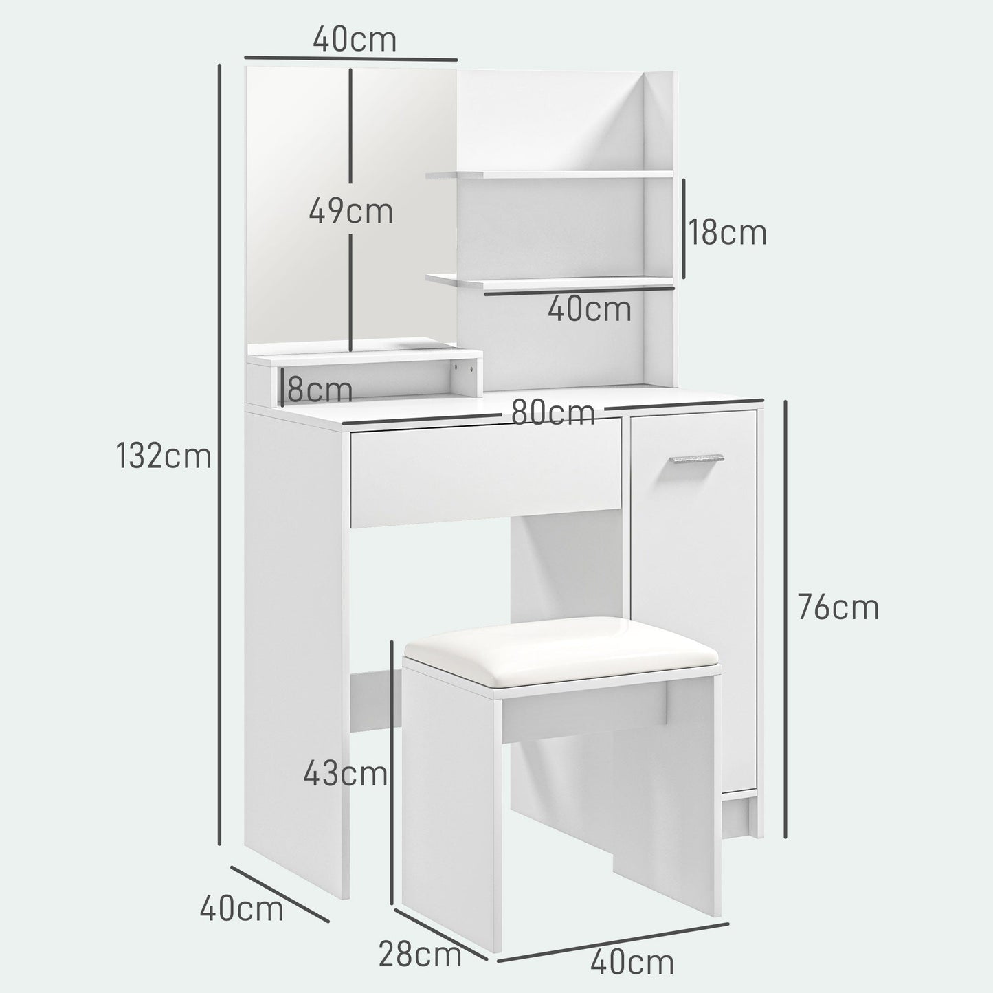 HOMCOM Dressing Table and Stool Set, with Storage - White