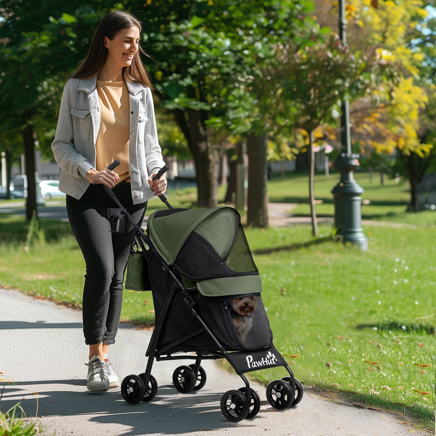 PawHut Foldable Dog Stroller, Lightweight Dog Pram w/ Shoulder Strap, Storage Bag, Cup Holder, Dark Green