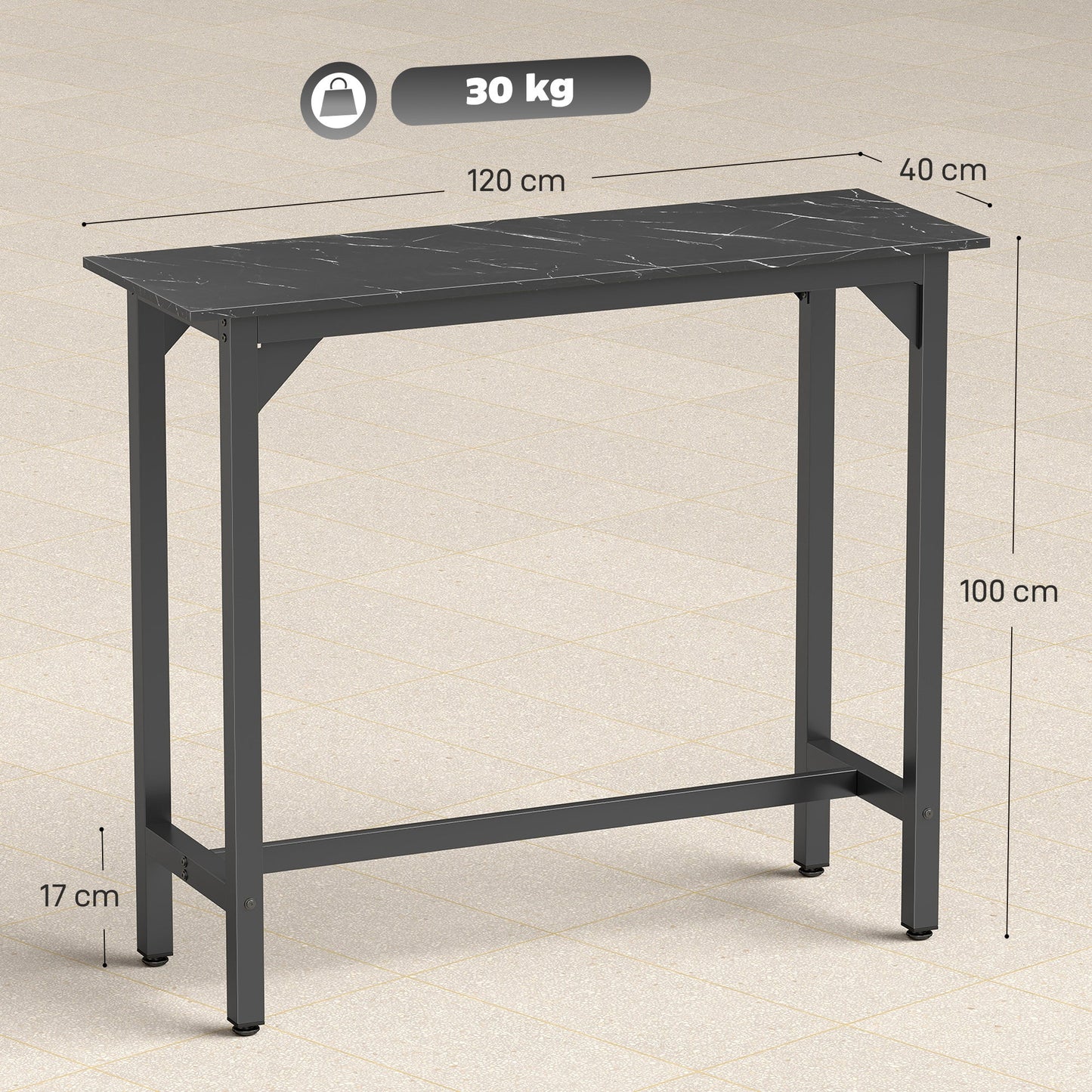 HOMCOM Rectangular Bar Table, Marble Effect Pub Coffee Table for Small Space, Breakfast Dining, Black Marble Effect