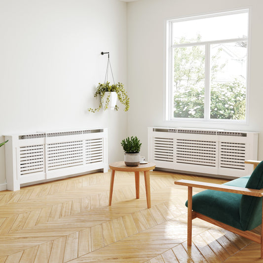 HOMCOM Set of 2 MDF Extendable Radiator Cover with Cabinet Shelving, Home Office Slatted Design, White 139-208.5L x 20.5W x 82.5H cm