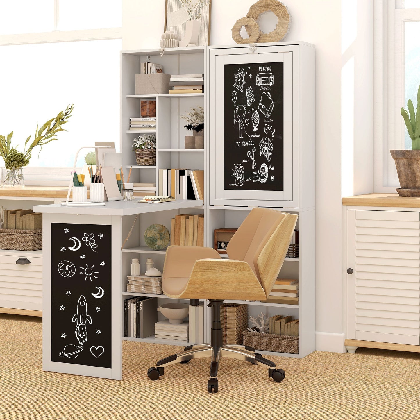 HOMCOM Wall Mounted Computer Desk, Folding Study Table with Black Board and Bookshelf, Multifunctional Floating Writing Desk for Home Office, White