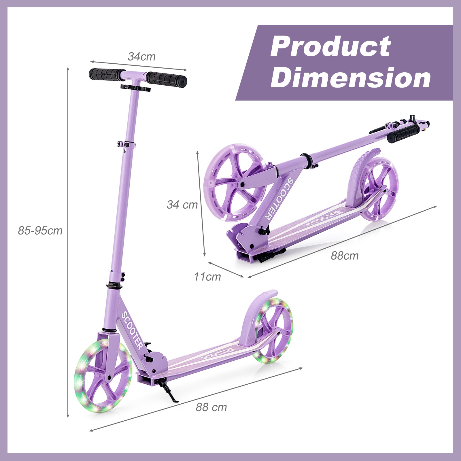 Kick Scooter Foldable and Adjustable Design with 2 Big Wheels and LED Lights-Purple