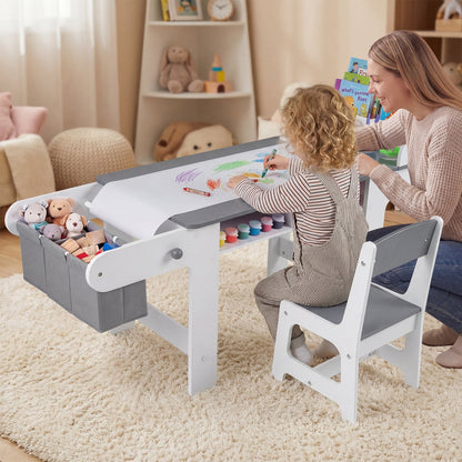 Kids Art Table with Paper Roll and Fabric Bins for Drawing Reading and Playing-Grey