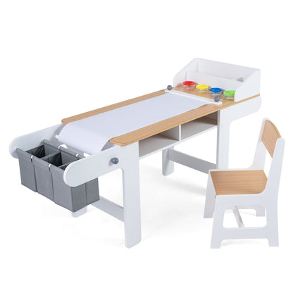 Kids Art Table with Paper Roll and Fabric Bins for Drawing Reading and Playing-Natural