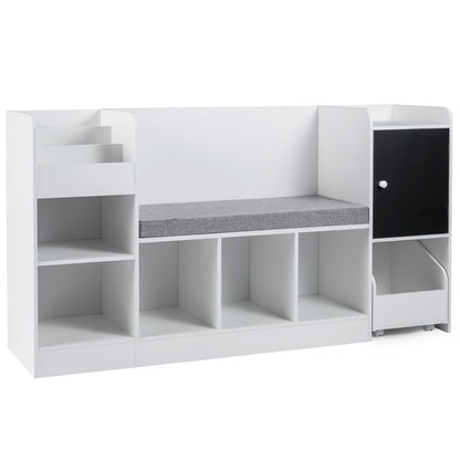 Kids Bookcase and Bookshelf with Reading Nook Toy Storage Organizer with Padded Seat Cushion-White