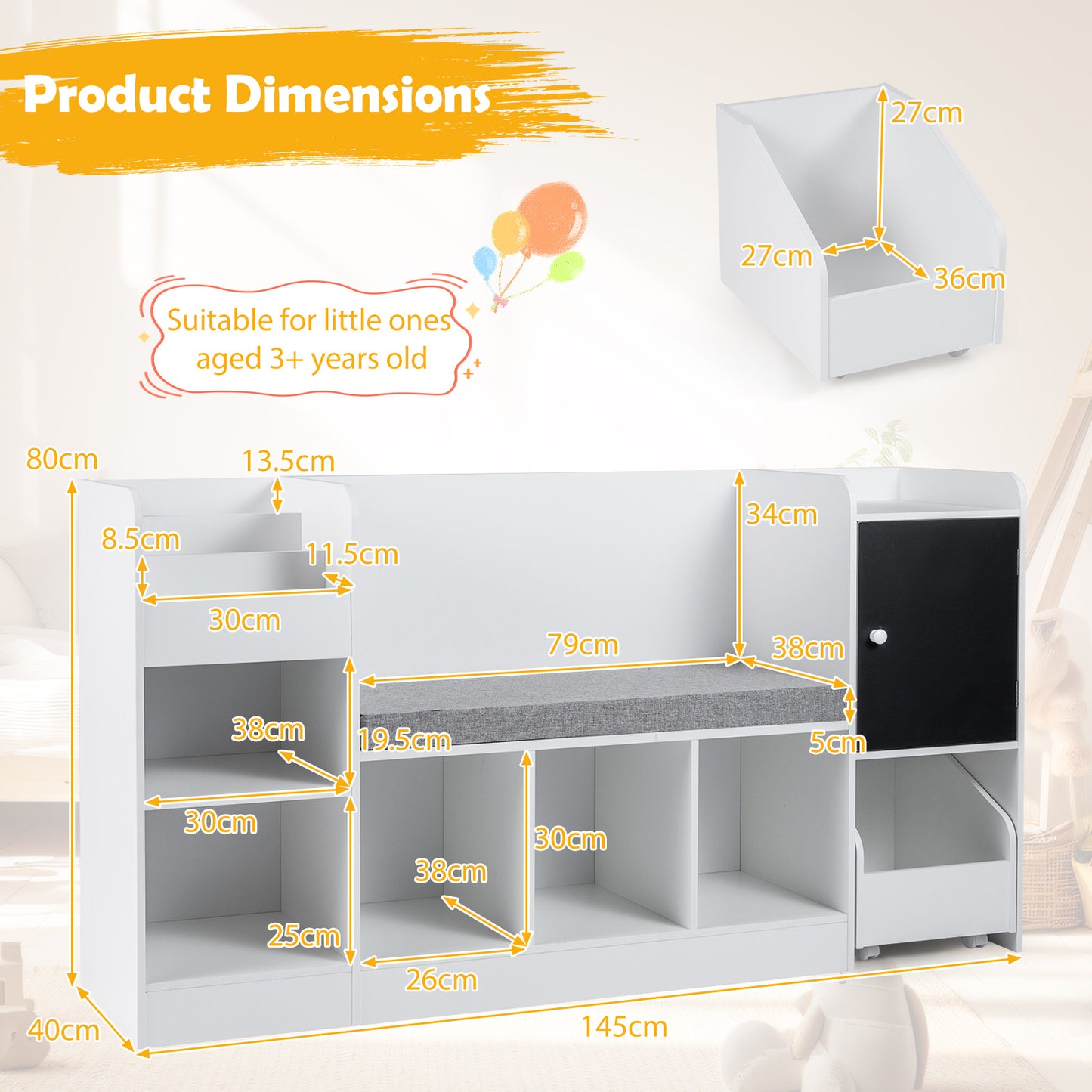 Kids Bookcase and Bookshelf with Reading Nook Toy Storage Organizer with Padded Seat Cushion-White