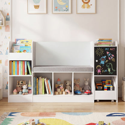 Kids Bookcase and Bookshelf with Reading Nook Toy Storage Organizer with Padded Seat Cushion-White