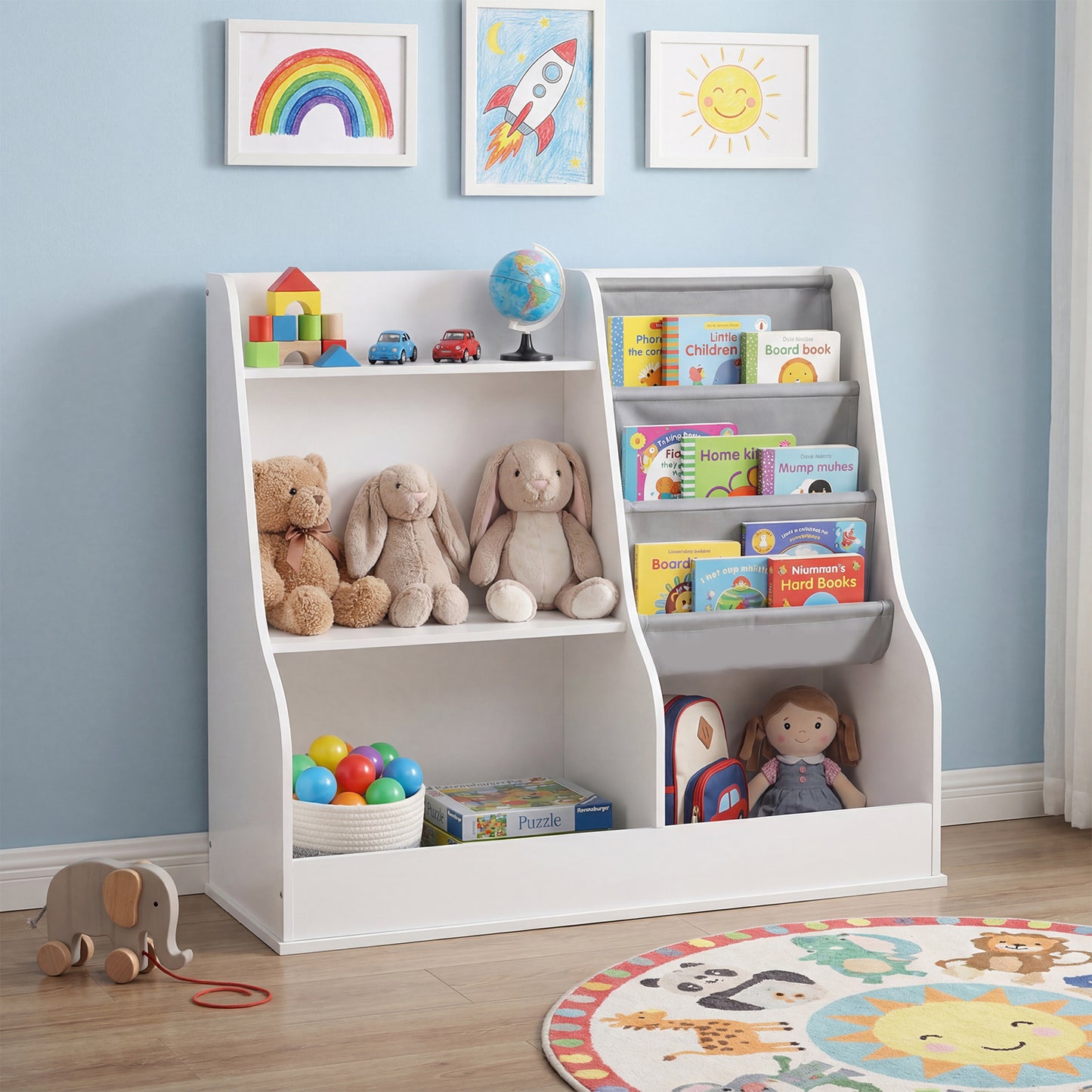 Kids Bookshelf 80 CM Wooden Toy Storage Organizer with 3 Tiers of Fabric Pockets-White