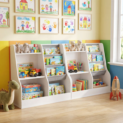 Kids Bookshelf 80 CM Wooden Toy Storage Organizer with 3 Tiers of Fabric Pockets-White