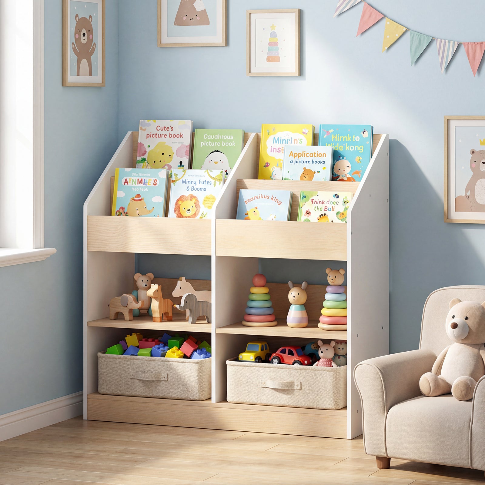 Kids Bookshelf Toddler Book Stand with 4 Upright Cubes and 4 Storage Compartments-White