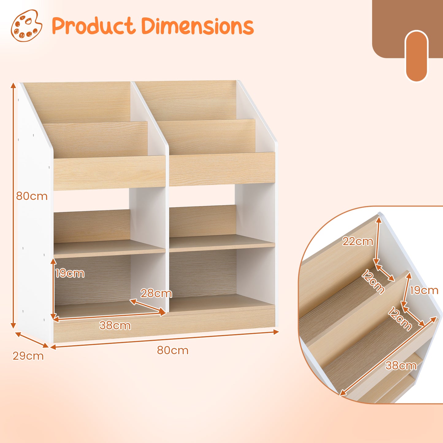 Kids Bookshelf Toddler Book Stand with 4 Upright Cubes and 4 Storage Compartments-White