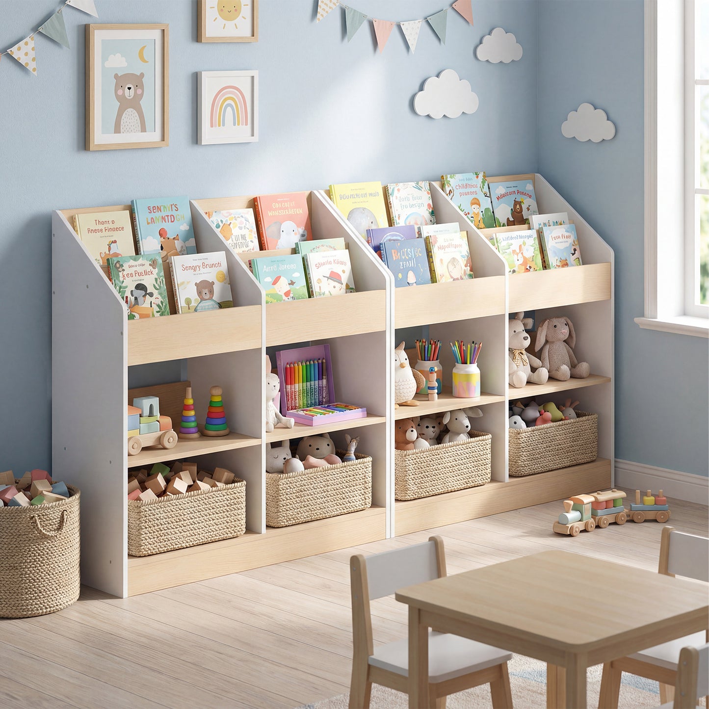 Kids Bookshelf Toddler Book Stand with 4 Upright Cubes and 4 Storage Compartments-White