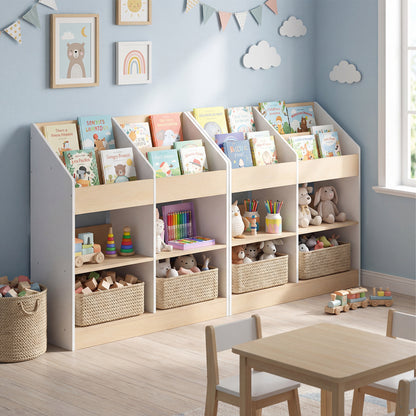 Kids Bookshelf Toddler Book Stand with 4 Upright Cubes and 4 Storage Compartments-White