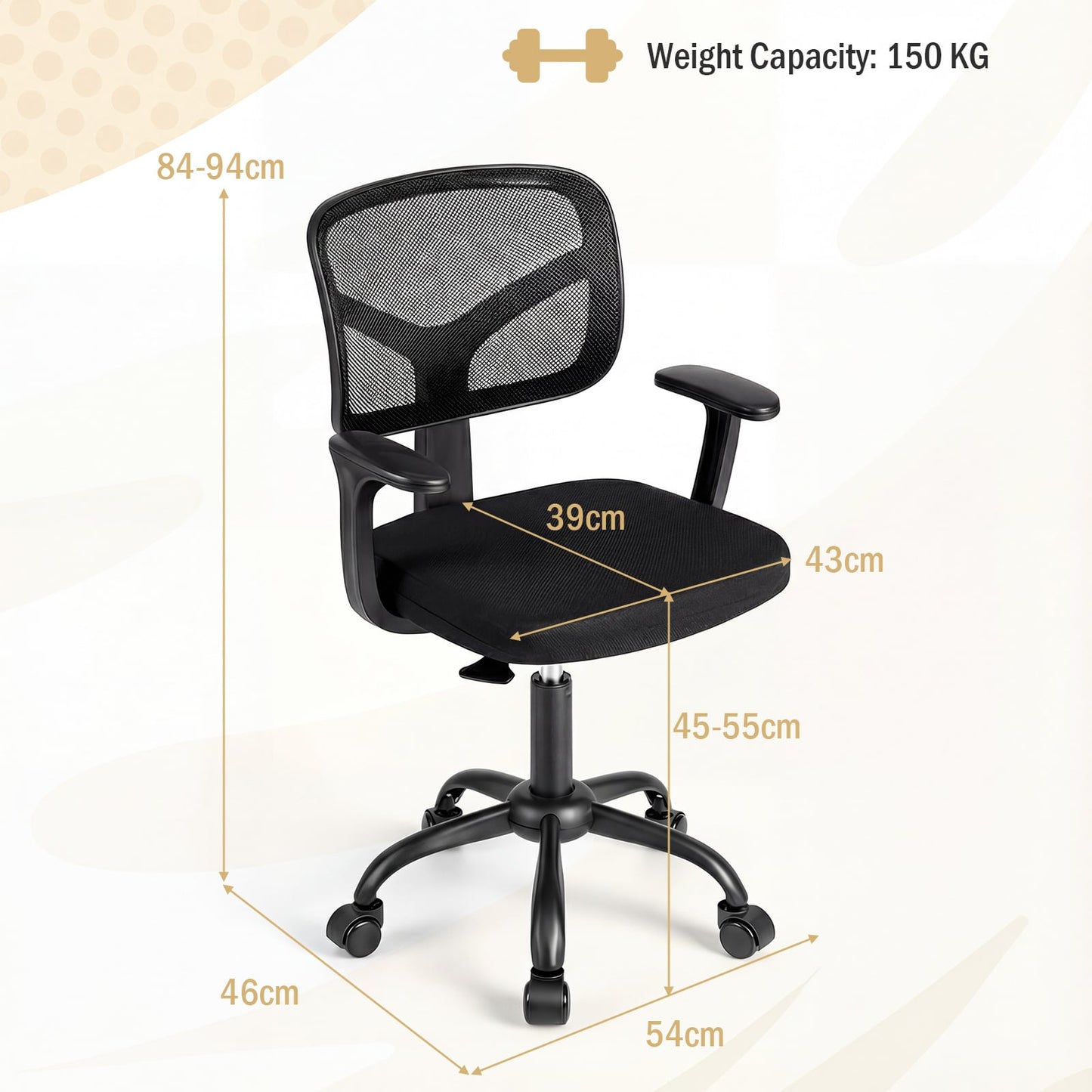 Kids Desk Chair with Adjustable Seat Height and Swivel Wheels for Ages 3+-Black