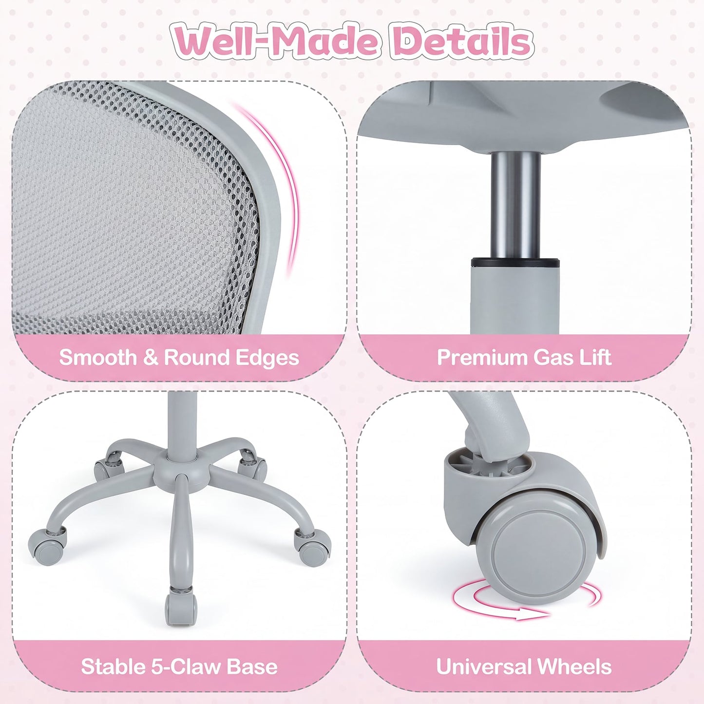 Kids Desk Chair with Adjustable Seat Height and Swivel Wheels for Ages 3+-Pink