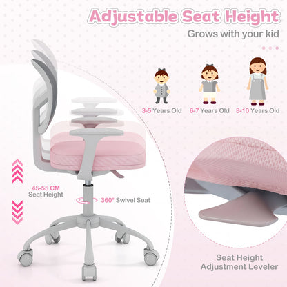 Kids Desk Chair with Adjustable Seat Height and Swivel Wheels for Ages 3+-Pink