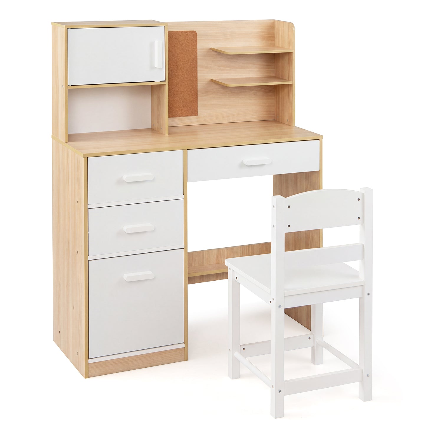 Kids Desk and Chair Set Study Table with Hutch Bulletin Board 3 Drawers-Natural