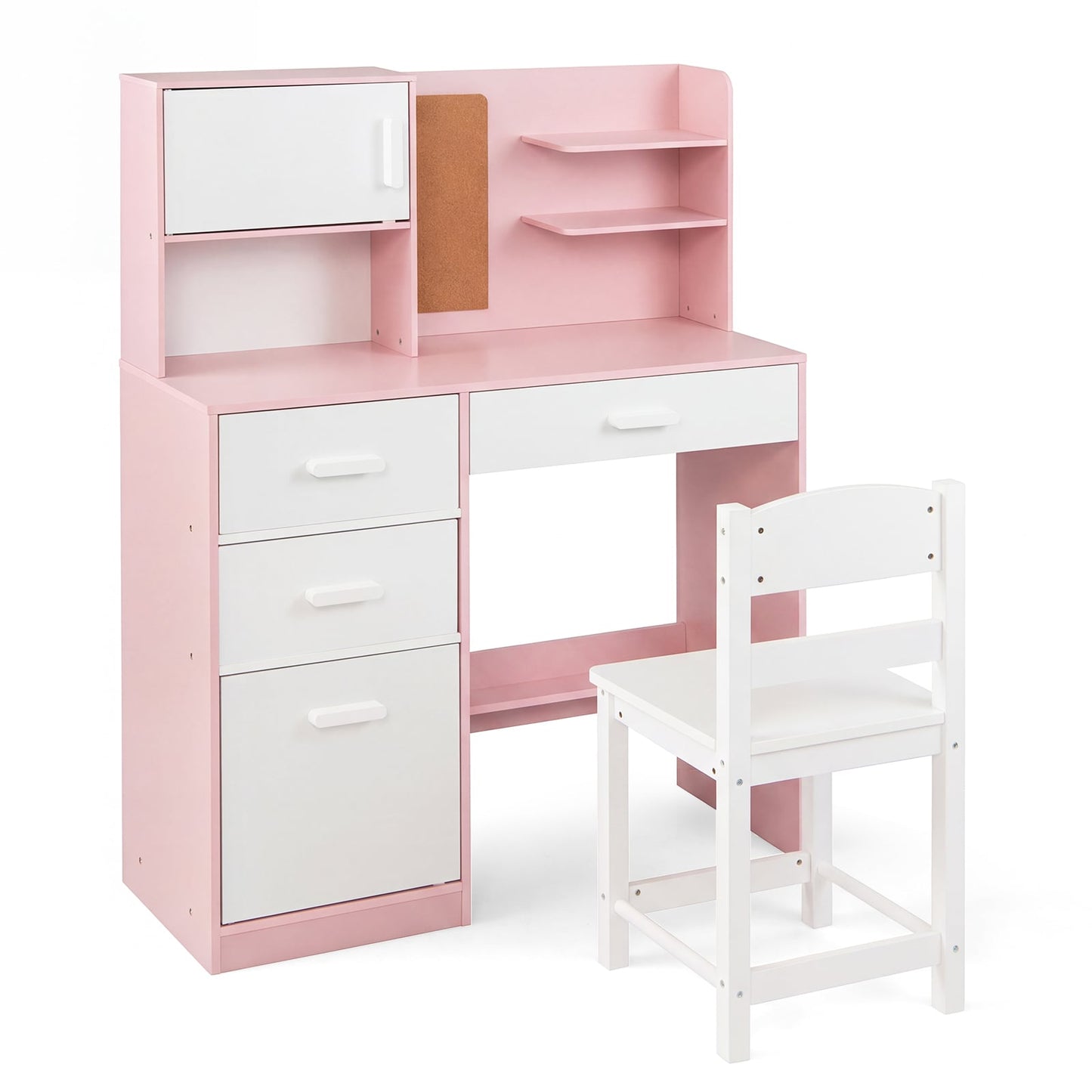 Kids Desk and Chair Set Study Table with Hutch Bulletin Board 3 Drawers-Pink