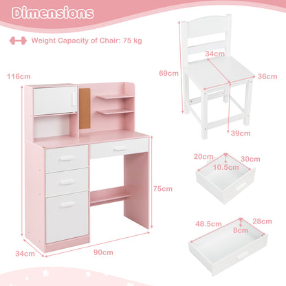 Kids Desk and Chair Set Study Table with Hutch Bulletin Board 3 Drawers-Pink