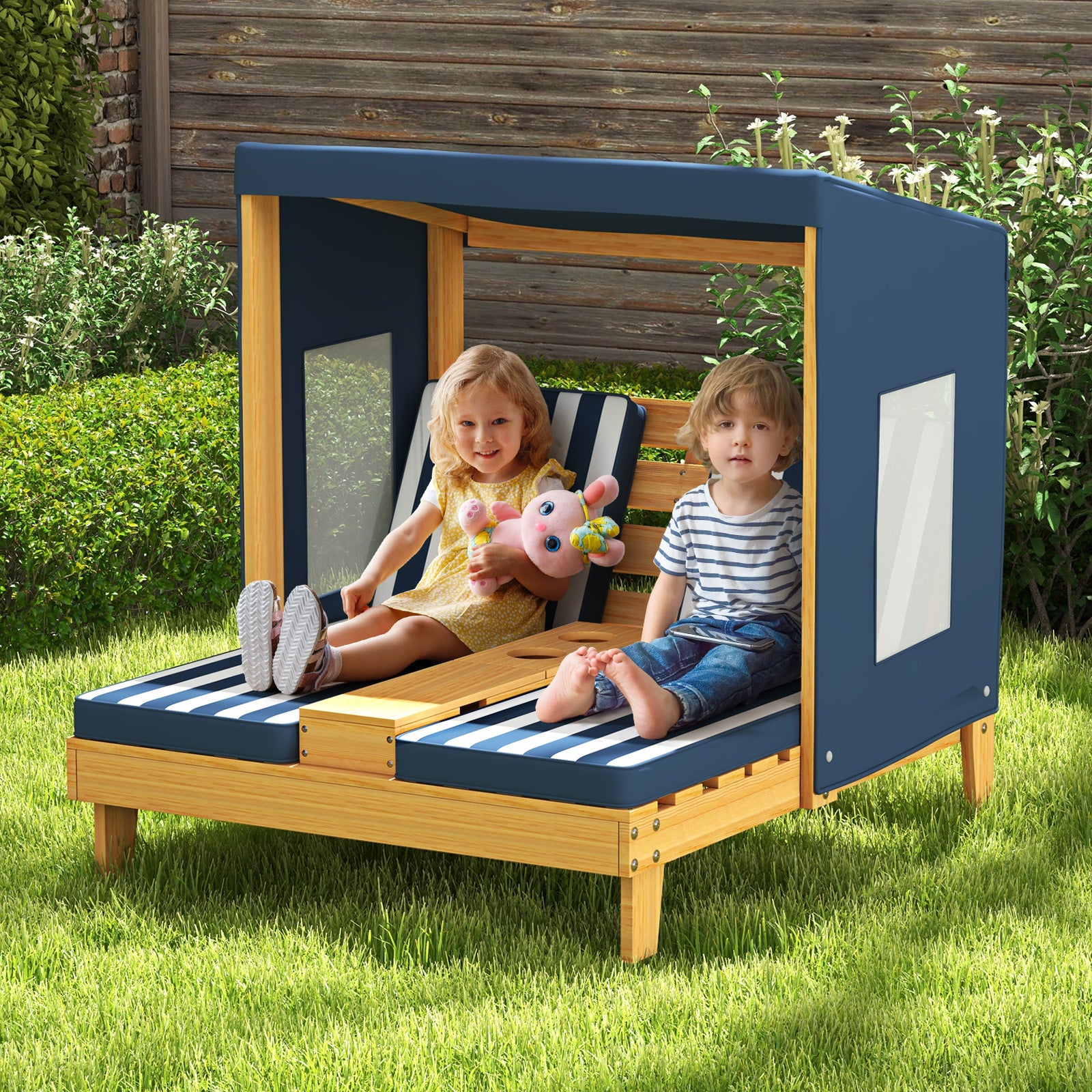Kids Double Chaise Lounge with Cup Holders 2 Seats Patio Lounge Chair with Awning-Blue