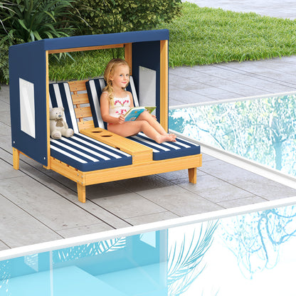 Kids Double Chaise Lounge with Cup Holders 2 Seats Patio Lounge Chair with Awning-Blue