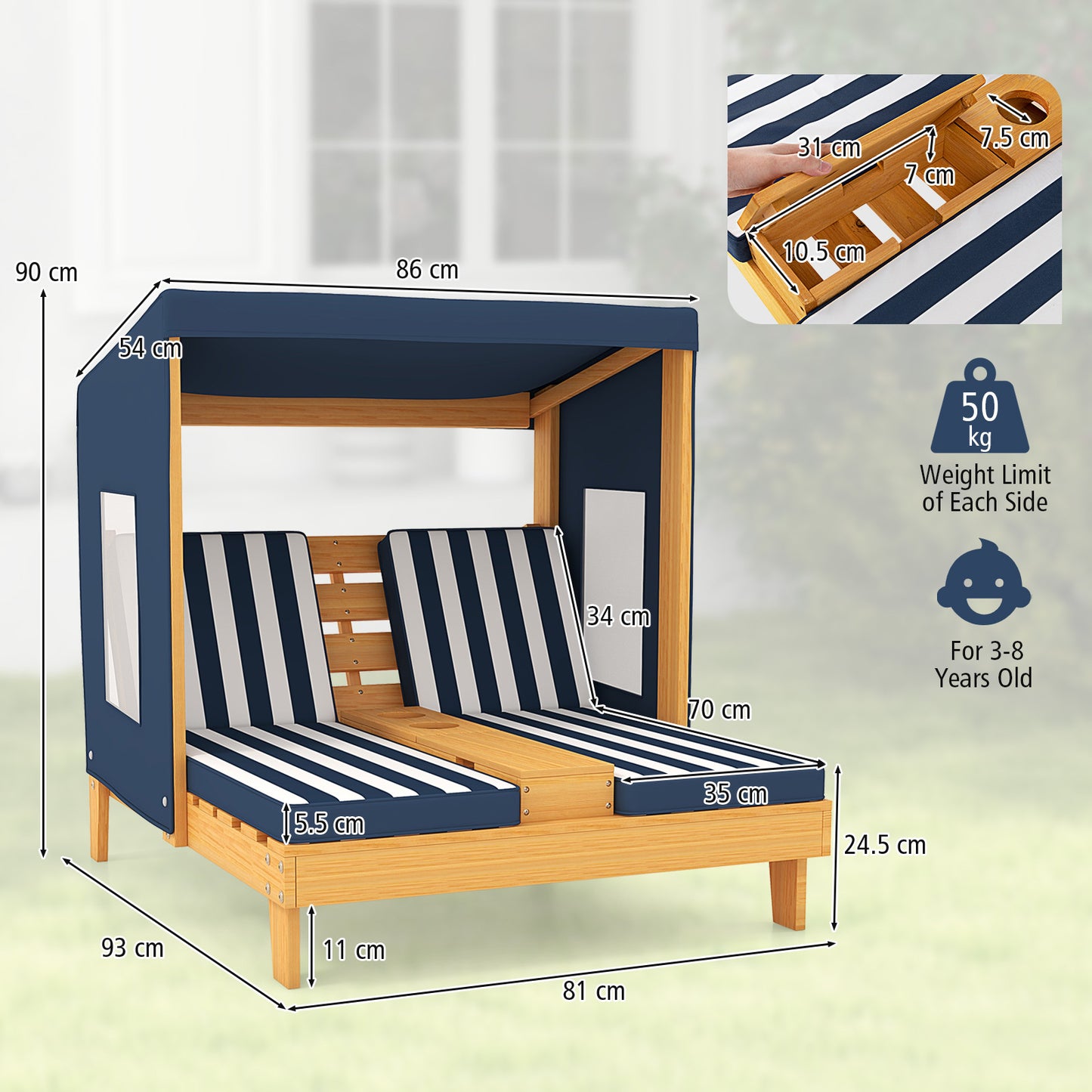 Kids Double Chaise Lounge with Cup Holders 2 Seats Patio Lounge Chair with Awning-Blue