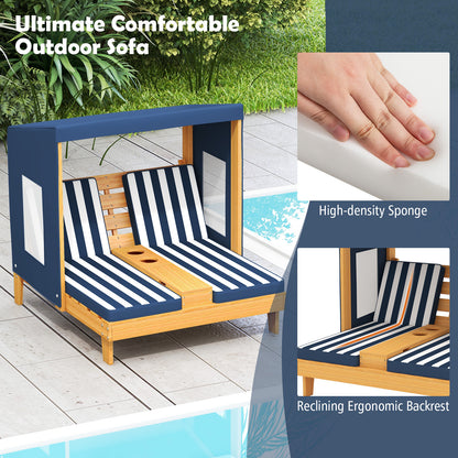 Kids Double Chaise Lounge with Cup Holders 2 Seats Patio Lounge Chair with Awning-Blue