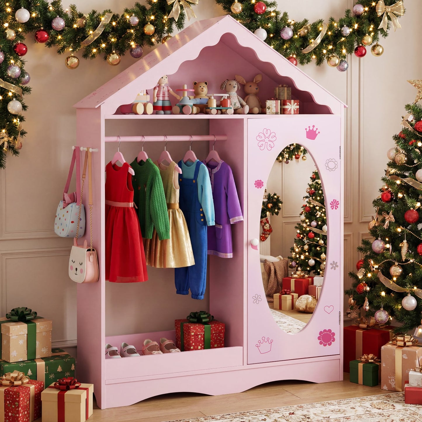 Kids Dress Up Storage with Mirror Roofed Wardrobe Closet with Open Hanging Rack-Pink
