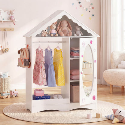 Kids Dress Up Storage with Mirror Roofed Wardrobe Closet with Open Hanging Rack-White