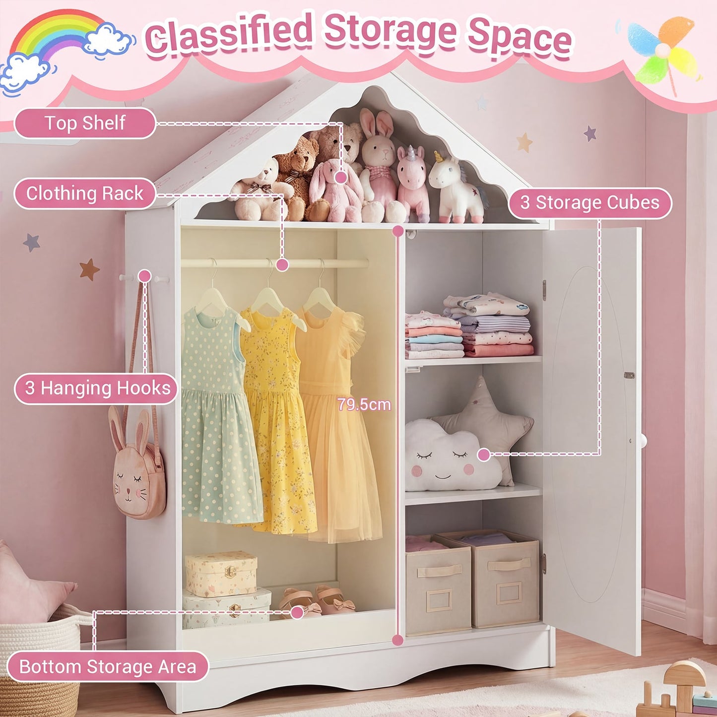 Kids Dress Up Storage with Mirror Roofed Wardrobe Closet with Open Hanging Rack-White