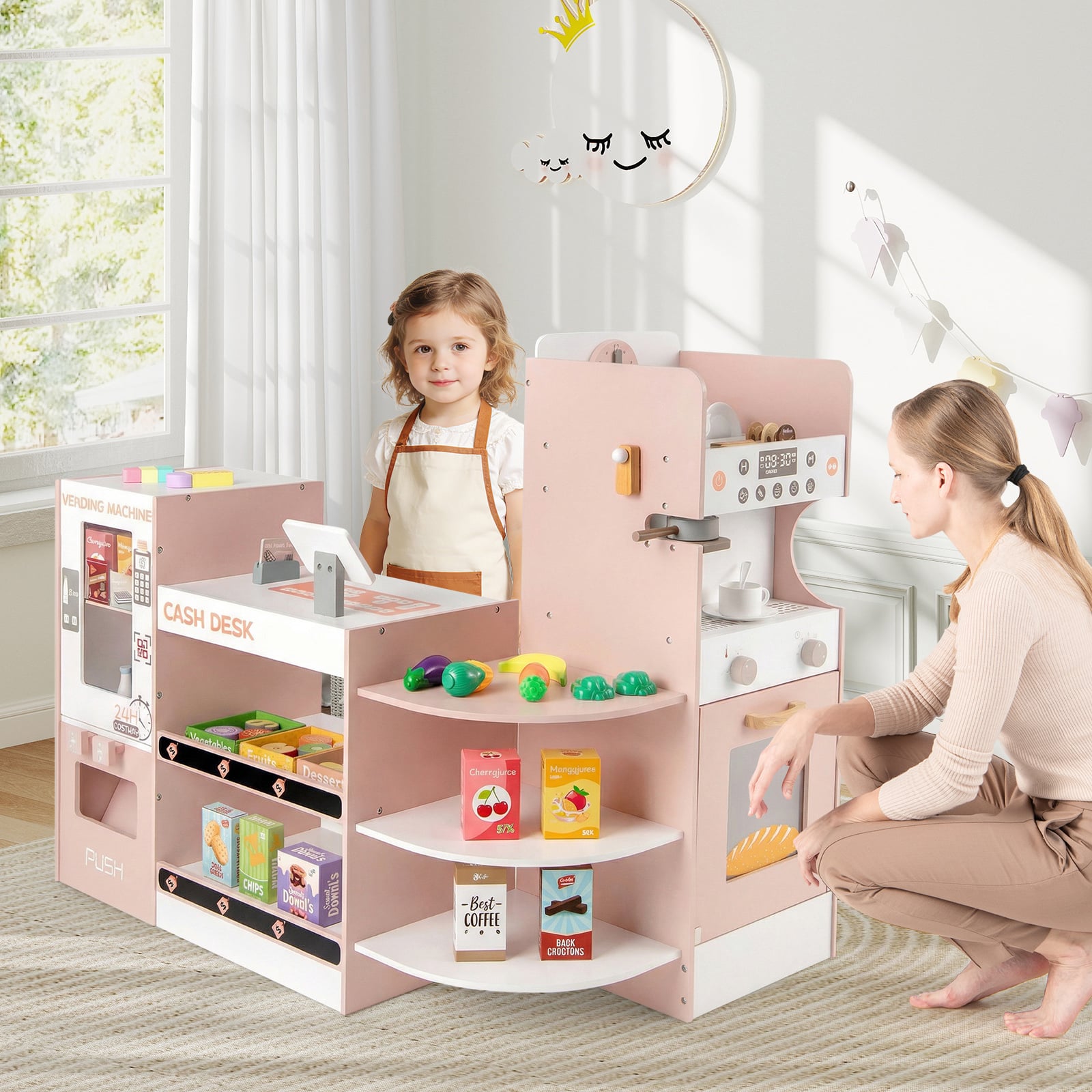 Kids Grocery Store Playset Wooden Pretend Play Supermarket-Pink