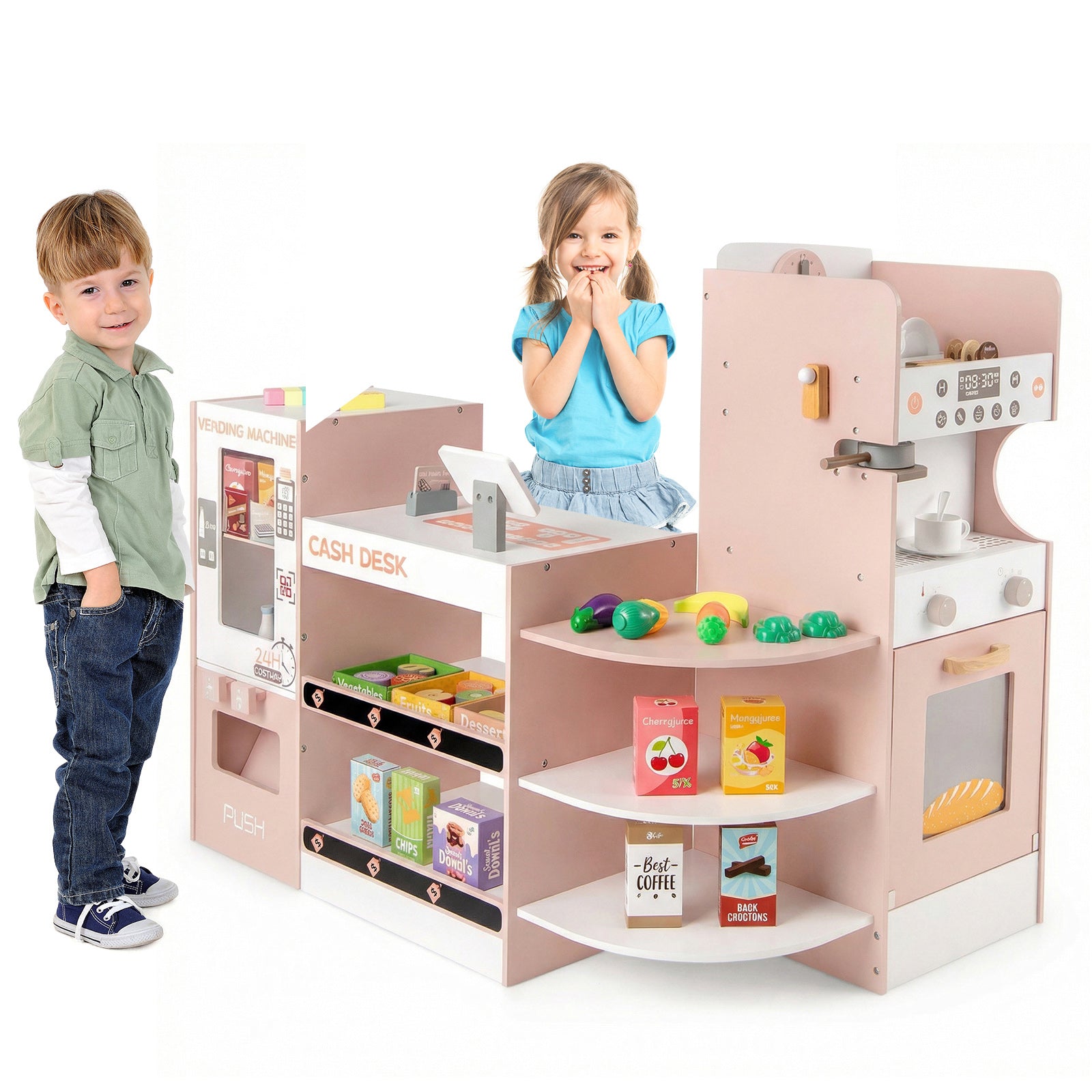 Kids Grocery Store Playset Wooden Pretend Play Supermarket-Pink