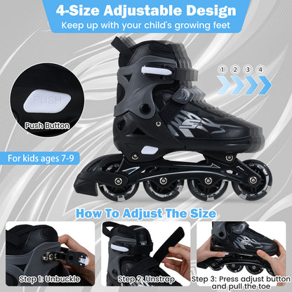 Kids Inline Skates 4 Sizes Adjustable Light-Up Roller Skates for Boys and Girls Ages 7-9-Grey