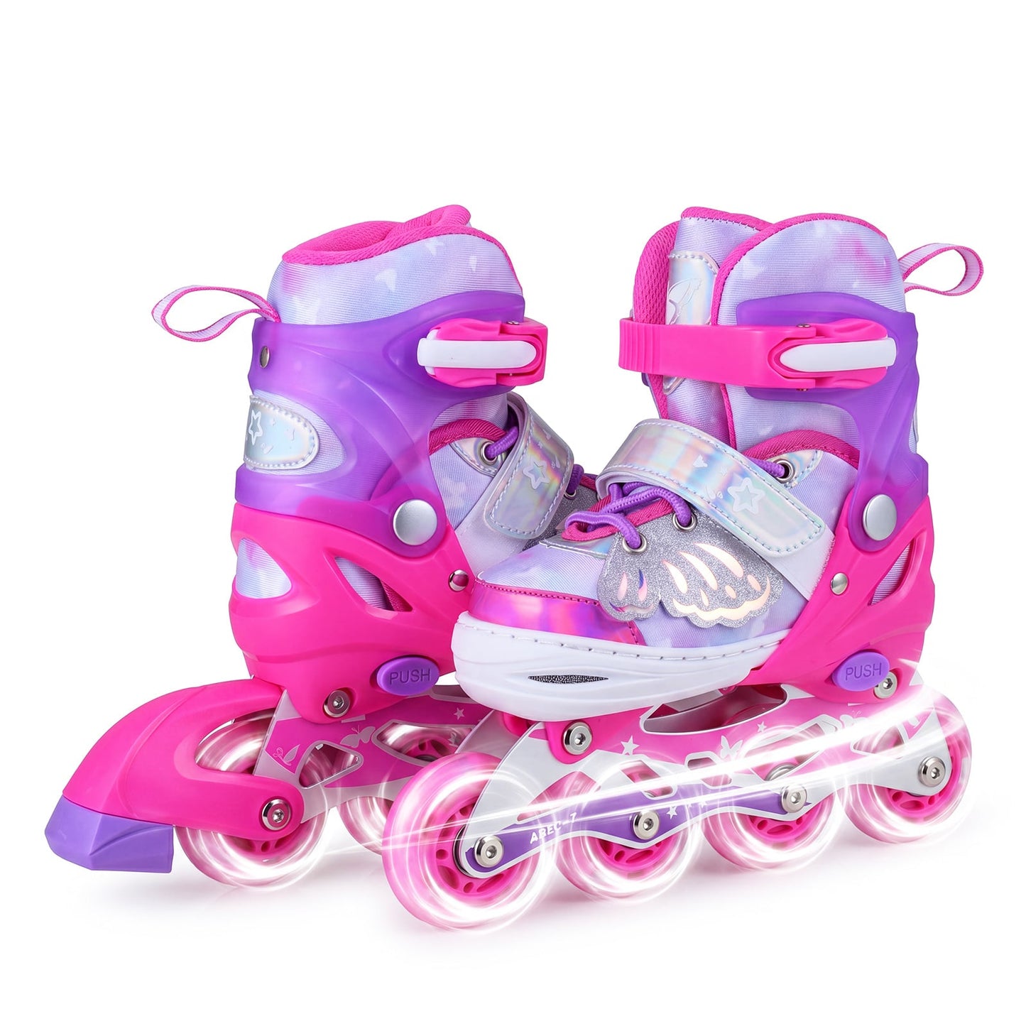 Kids Inline Skates Adjustable length and Illuminating Beginner Skating Shoes with Safety Strap-Pink