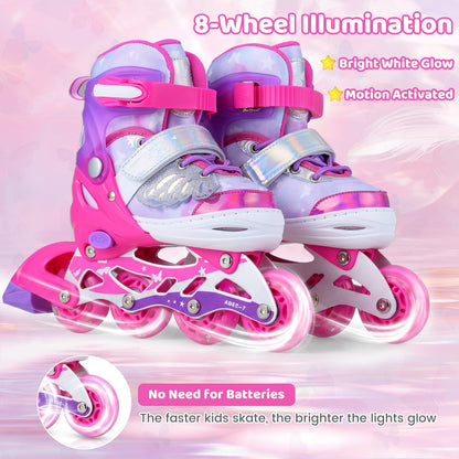 Kids Inline Skates Adjustable length and Illuminating Beginner Skating Shoes with Safety Strap-Pink