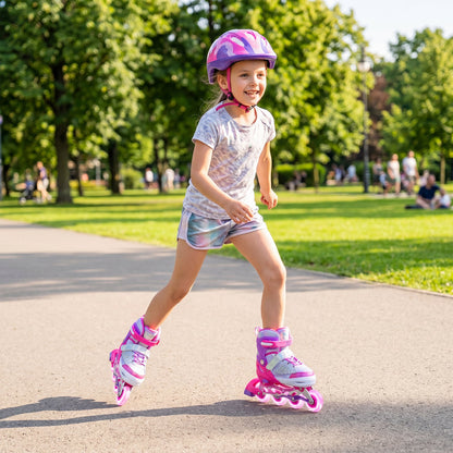 Kids Inline Skates with Full Light Up PU Wheels Adjustable Length for Beginners-Pink