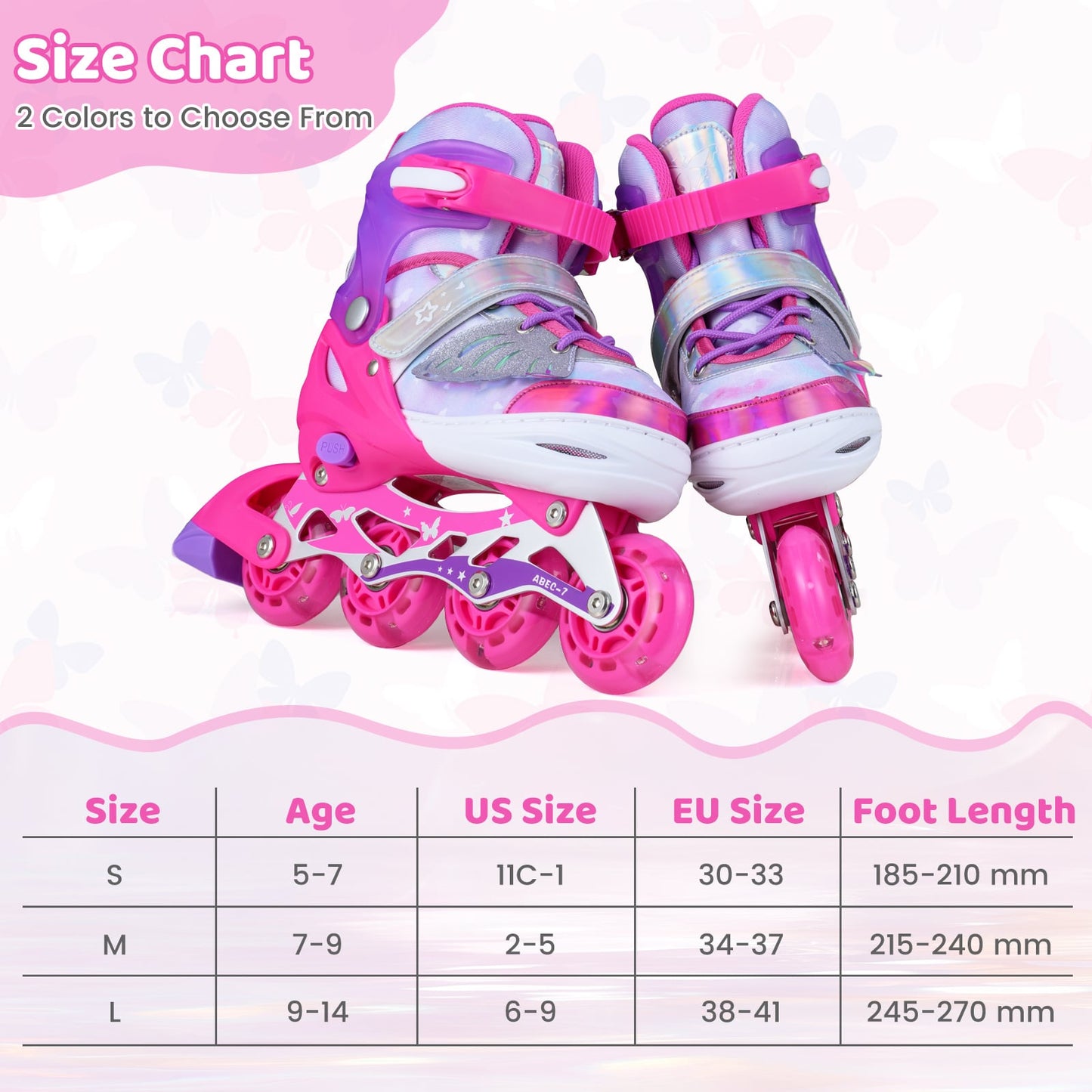 Kids Inline Skates with Full Light Up PU Wheels Adjustable Length for Beginners-Pink
