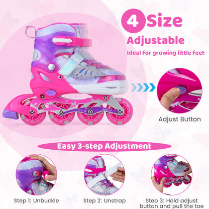 Kids Inline Skates with Full Light Up PU Wheels Adjustable Length for Beginners-Pink
