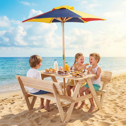 Kids' Outdoor Table with 2 Built-in Benches and Removable Umbrella-Natural