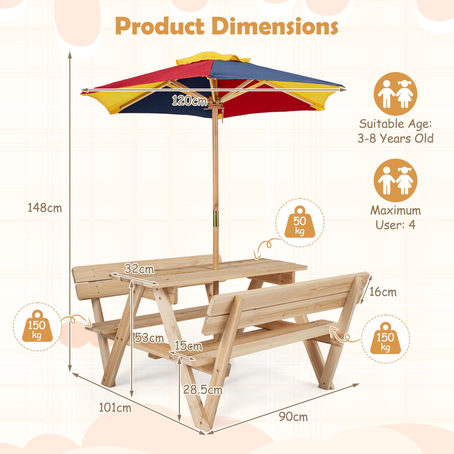 Kids' Outdoor Table with 2 Built-in Benches and Removable Umbrella-Natural