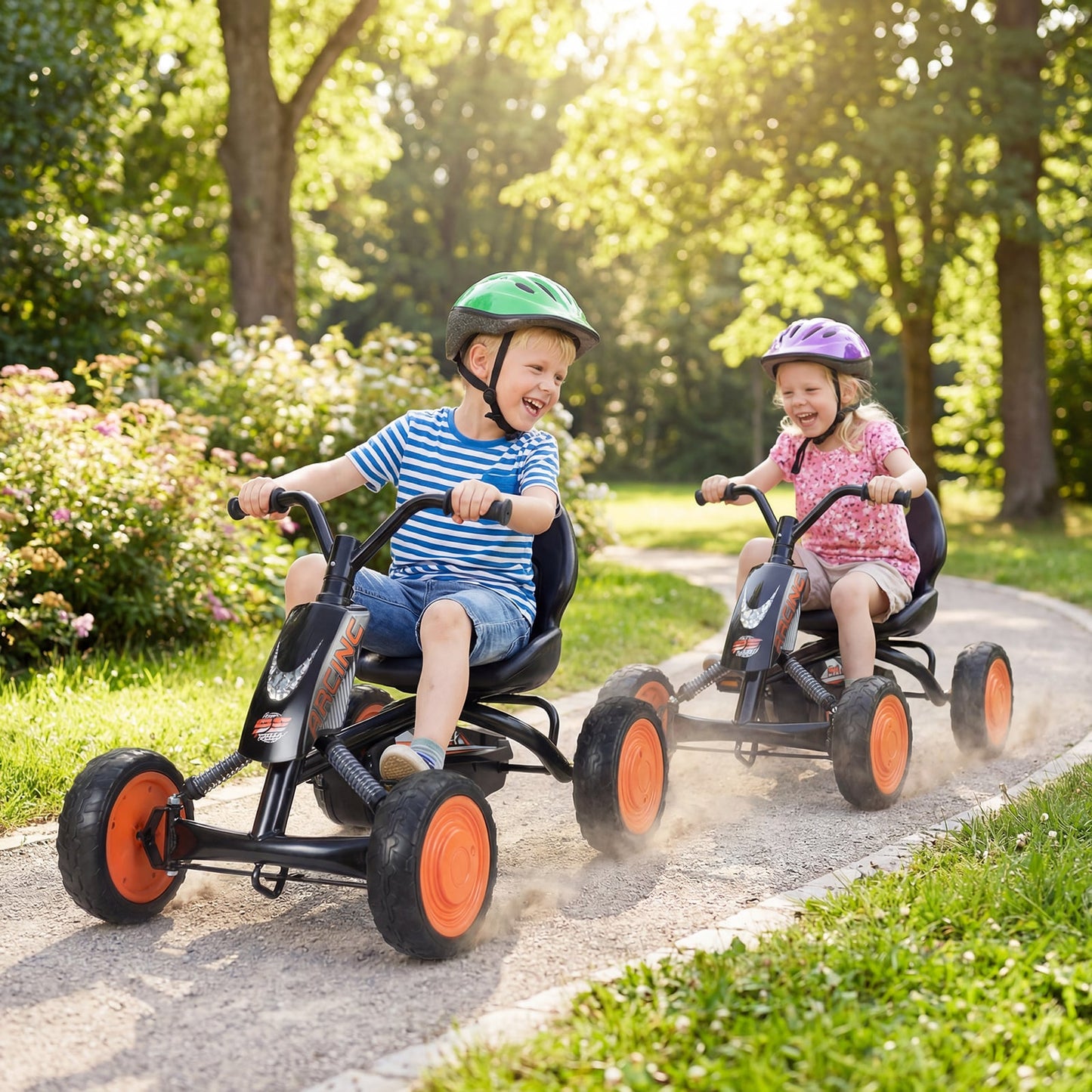 Kids Pedal Go Kart 4 Wheel with 2-Position Seat & Wear-Resistant Wheels-Black