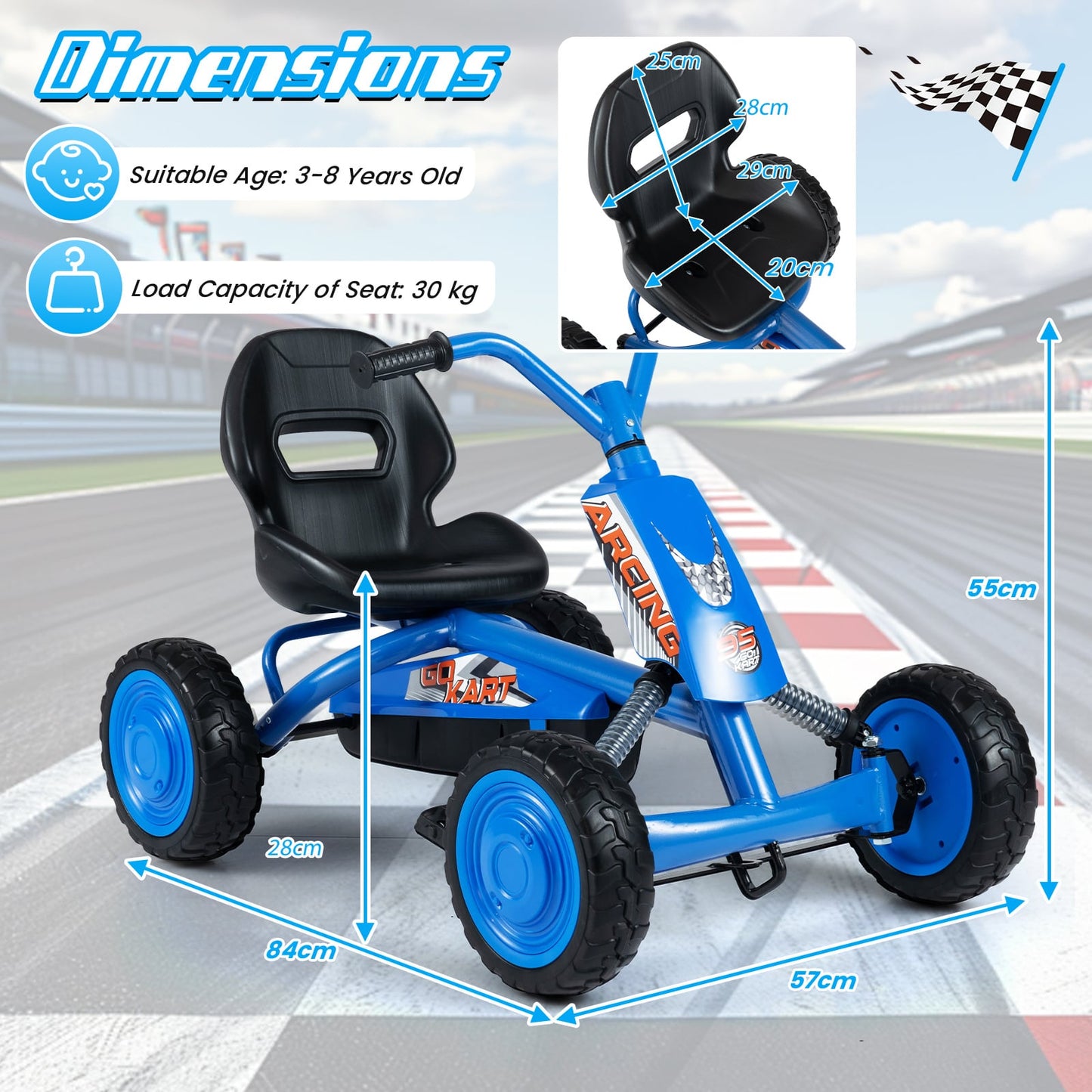 Kids Pedal Go Kart 4 Wheel with 2-Position Seat & Wear-Resistant Wheels-Navy
