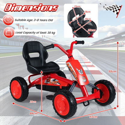 Kids Pedal Go Kart 4 Wheel with 2-Position Seat & Wear-Resistant Wheels-Red
