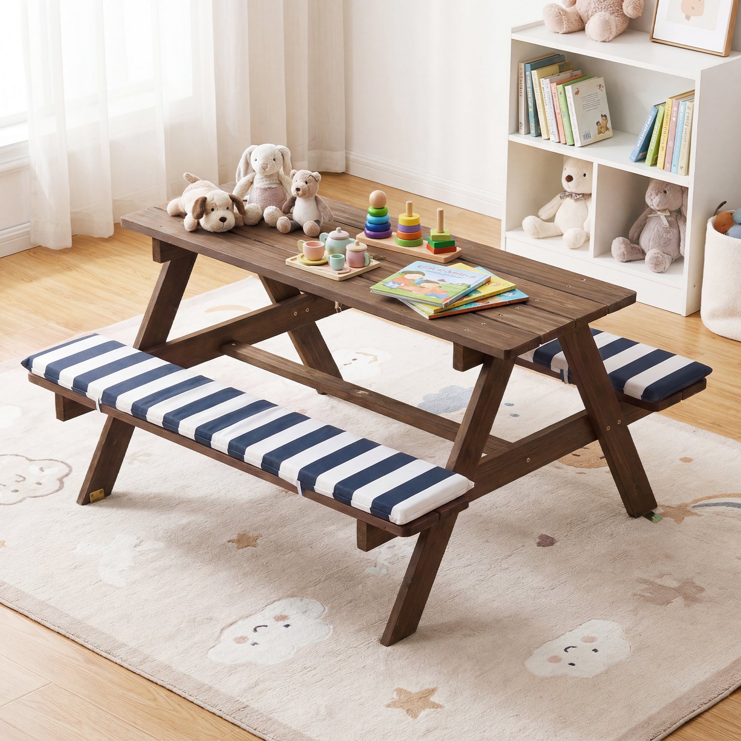 Kids Picnic Table with Bench Fir Wood Toddler Outdoor Table set with 2 Built-in Benches-Navy