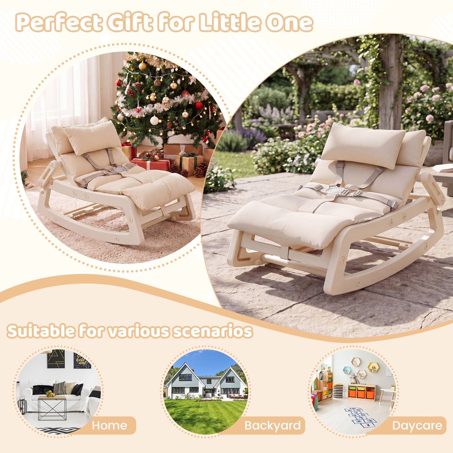 Kids Rocking Chair with Adjustable Backrest and Safety Harness for 6+ Months-Beige